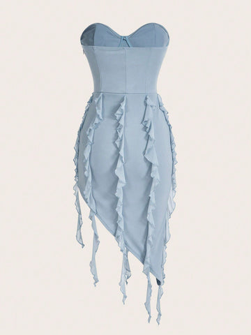 BAE Women's Ruffle Trim Floral Embellished Strapless Dress