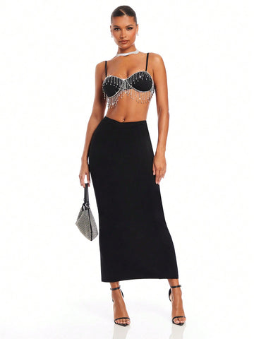 Women's Sequin & Tassel Crop Top And Skirt Set