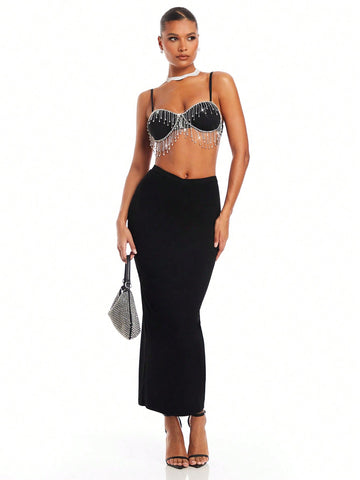 Women's Sequin & Tassel Crop Top And Skirt Set