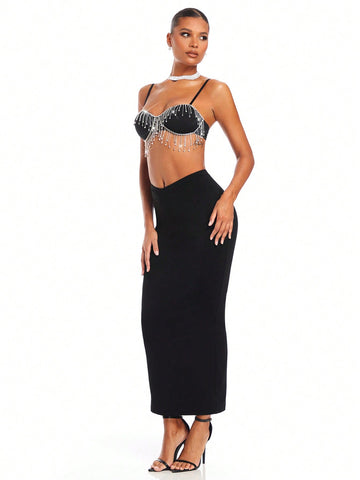 Women's Sequin & Tassel Crop Top And Skirt Set
