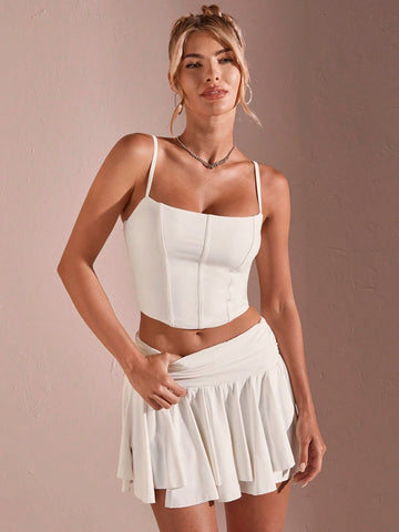 Women's Sexy Back To School Outfit, White Irregular Camisole Top Set For Summer