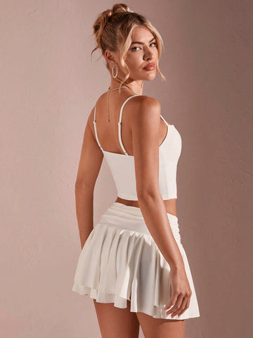 Women's Sexy Back To School Outfit, White Irregular Camisole Top Set For Summer