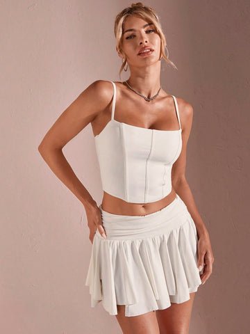 Women's Sexy Back To School Outfit, White Irregular Camisole Top Set For Summer