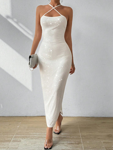 BAE Women's Sexy Open Back Split Glitter Dress