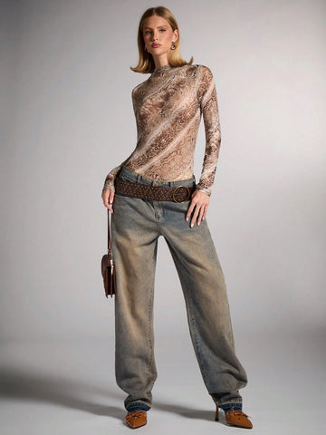 Women's Sexy Snake Skin Print Sheer Bodysuit For Party, Club, Date Night, Concert, Fashion Outings, Spring Autumn