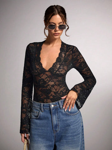 Women's Sheer Sexy V-Neck Flare Sleeve Bodysuit, Autumn