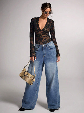 Women's Sheer Sexy V-Neck Flare Sleeve Bodysuit, Autumn