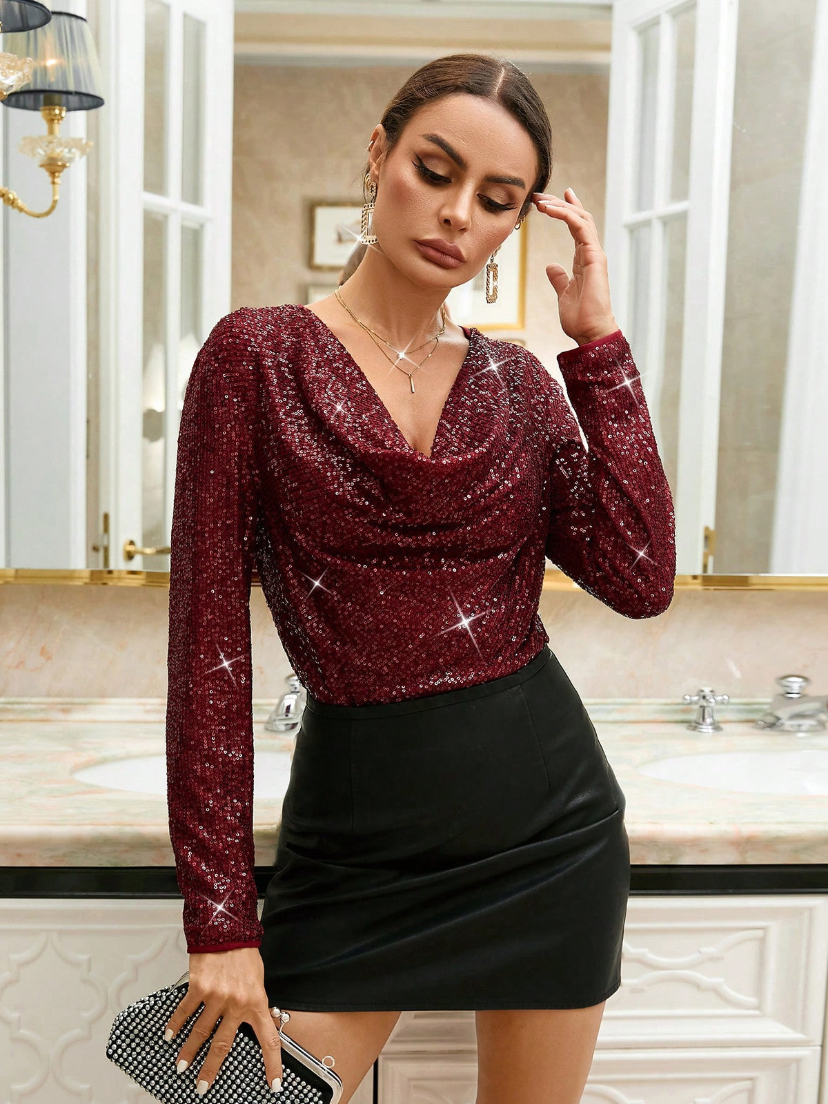 Women's Shiny Drape Design Long Sleeve Jumpsuit