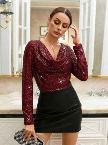 Women's Shiny Drape Design Long Sleeve Jumpsuit