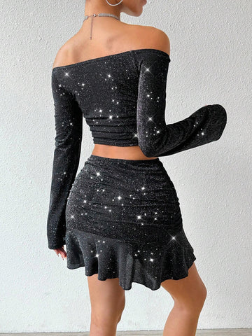 Women's Silver Plated Off Shoulder Top Pleated Skirt 2 Piece Set