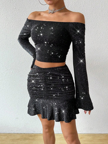 Women's Silver Plated Off Shoulder Top Pleated Skirt 2 Piece Set