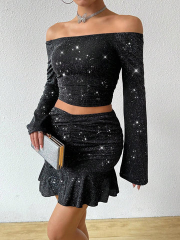 Women's Silver Plated Off Shoulder Top Pleated Skirt 2 Piece Set