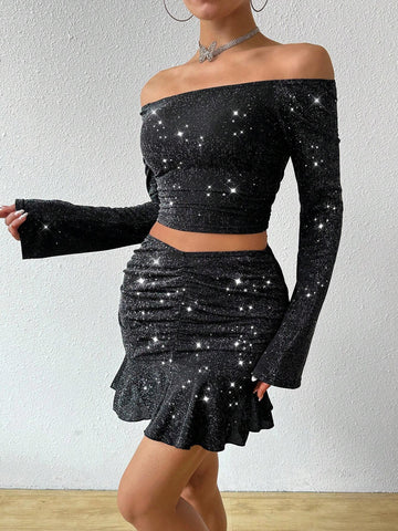 Women's Silver Plated Off Shoulder Top Pleated Skirt 2 Piece Set