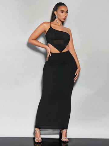 Women's Single Shoulder Irregular Hem Short Top And Skirt Set