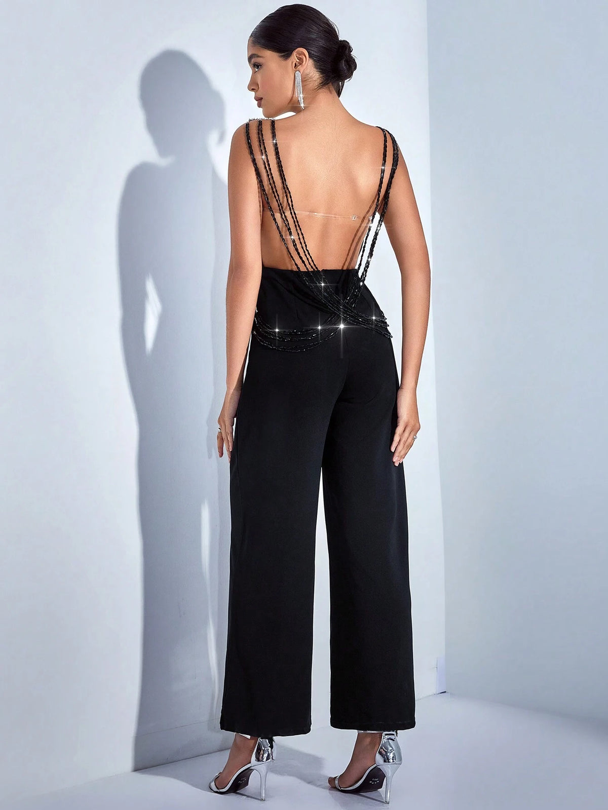 Women's Sleeveless Backless Sparkly Mesh Jumpsuit With Patchwork