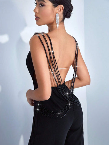 Women's Sleeveless Backless Sparkly Mesh Jumpsuit With Patchwork