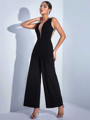 Women's Sleeveless Backless Sparkly Mesh Jumpsuit With Patchwork