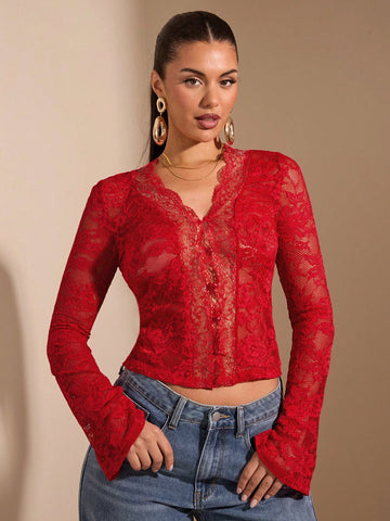 BAE Women's Solid Black Long Sleeve Top, Sexy Deep V-Neck, Lace Flare Sleeve, See-Through, Elegant, Romantic, Suitable For Layering, Date Night, Party