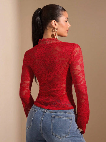 BAE Women's Solid Black Long Sleeve Top, Sexy Deep V-Neck, Lace Flare Sleeve, See-Through, Elegant, Romantic, Suitable For Layering, Date Night, Party