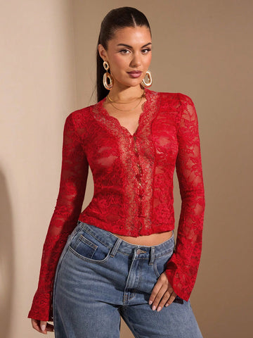 BAE Women's Solid Black Long Sleeve Top, Sexy Deep V-Neck, Lace Flare Sleeve, See-Through, Elegant, Romantic, Suitable For Layering, Date Night, Party