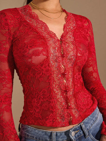 BAE Women's Solid Black Long Sleeve Top, Sexy Deep V-Neck, Lace Flare Sleeve, See-Through, Elegant, Romantic, Suitable For Layering, Date Night, Party