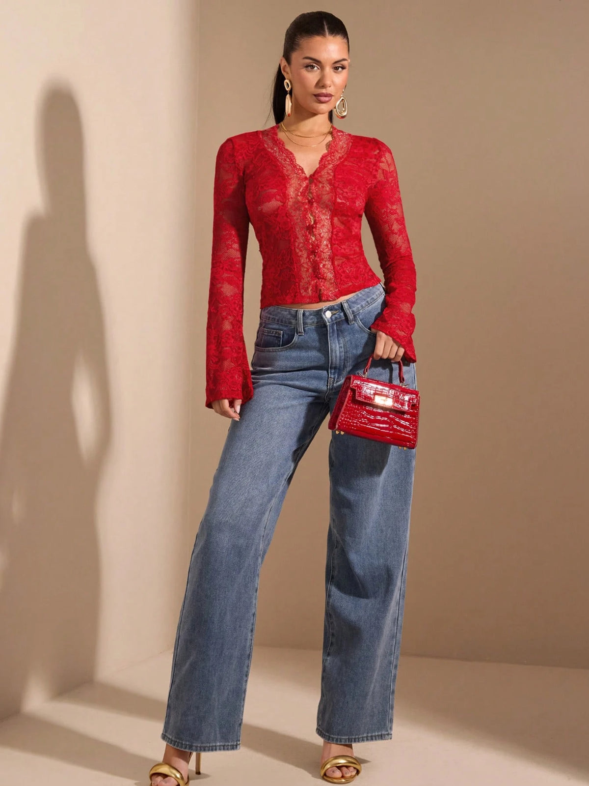 BAE Women's Solid Black Long Sleeve Top, Sexy Deep V-Neck, Lace Flare Sleeve, See-Through, Elegant, Romantic, Suitable For Layering, Date Night, Party