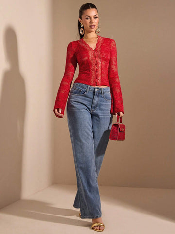 BAE Women's Solid Black Long Sleeve Top, Sexy Deep V-Neck, Lace Flare Sleeve, See-Through, Elegant, Romantic, Suitable For Layering, Date Night, Party