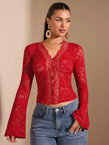 BAE Women's Solid Black Long Sleeve Top, Sexy Deep V-Neck, Lace Flare Sleeve, See-Through, Elegant, Romantic, Suitable For Layering, Date Night, Party