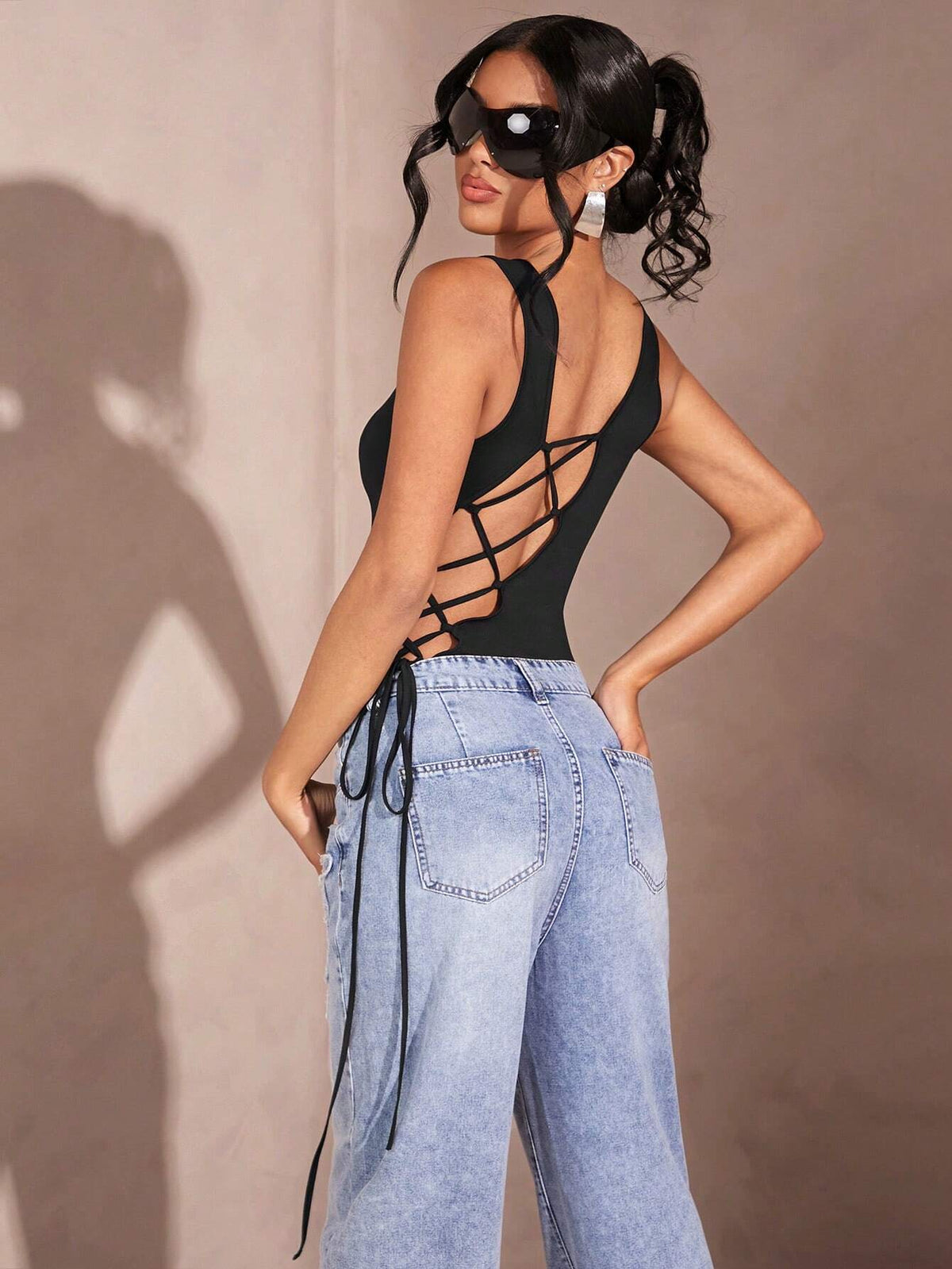 Women's Solid Color Bandage Backless Bodysuit, Sexy