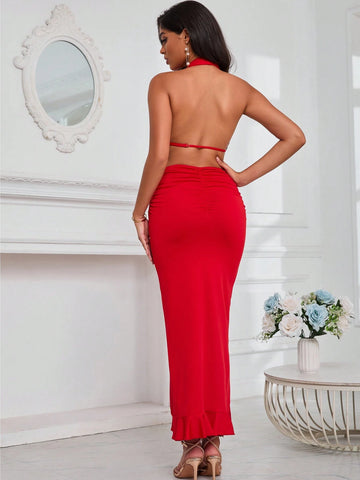 Women's Solid Color Deep V-Neck Pleated Fish Tail Hem Sexy Halterneck Belted Dress