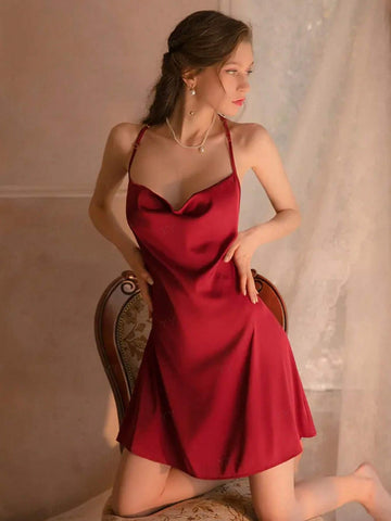 Women's Solid Color Draped Neck Summer Dress With Hollow Out Details, Adjustable Straps And Waistline