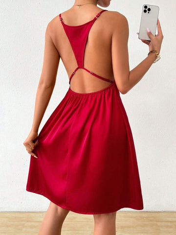 Women's Solid Color Draped Neck Summer Dress With Hollow Out Details, Adjustable Straps And Waistline
