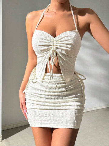 Women's Solid Color Drawstring Halter Neck Top And Bodycon Skirt Set For Summer, Sexy And Slim Fit
