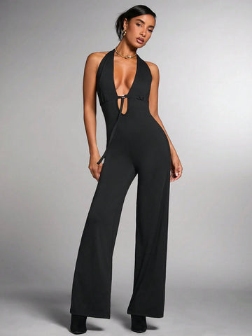 Women's Solid Color Halter Back Tie Up Simple Jumpsuit, Casual Daily Wear