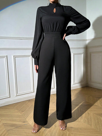 Women's Solid Color Hollow Out Stand Collar Lantern Sleeve Jumpsuit