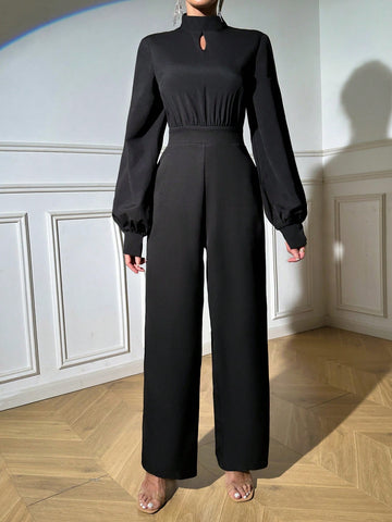 Women's Solid Color Hollow Out Stand Collar Lantern Sleeve Jumpsuit