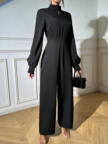 Women's Solid Color Hollow Out Stand Collar Lantern Sleeve Jumpsuit
