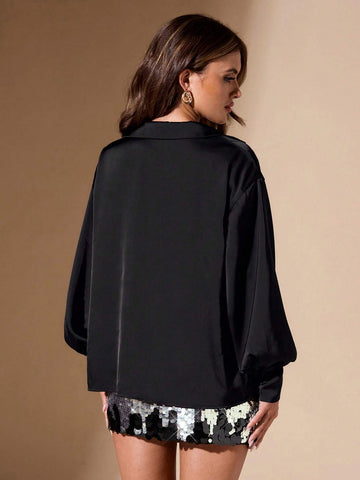 BAE Women's Solid Color Lantern Sleeve Satin Collar Blouse For Date/Party, Autumn