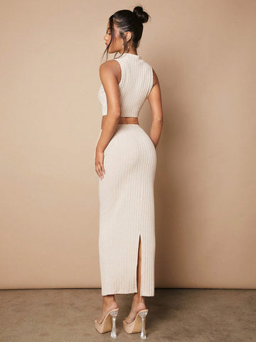 Women's Solid Color Ribbed Knit Vest And Skirt Set