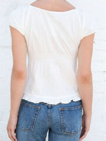 BAE Women's Solid Color Round Collar Ruffle Hem Short Sleeve Shirt, Summer