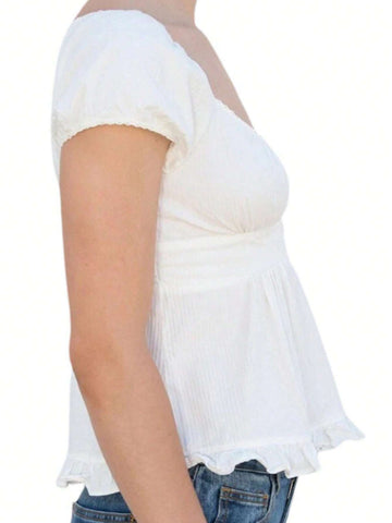 BAE Women's Solid Color Round Collar Ruffle Hem Short Sleeve Shirt, Summer