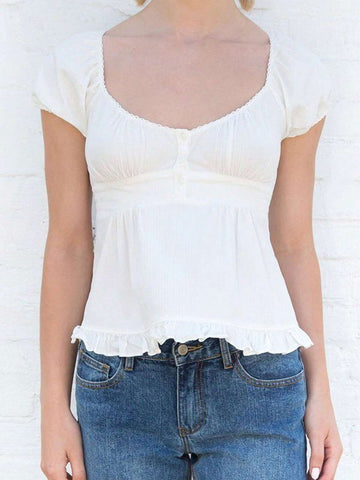 BAE Women's Solid Color Round Collar Ruffle Hem Short Sleeve Shirt, Summer