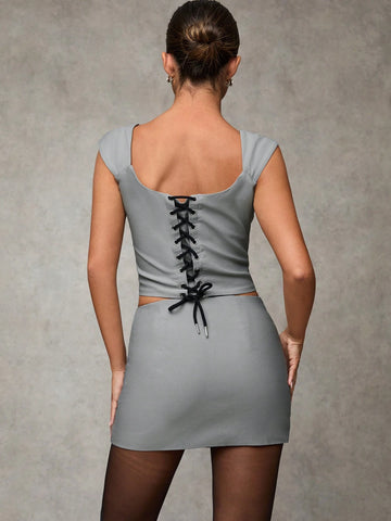 Women's Solid Color Simple Daily Sleeveless Top And Mini Skirt Set