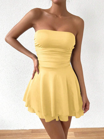 Women's Solid Color Simple Daily Strapless Pleated Dress