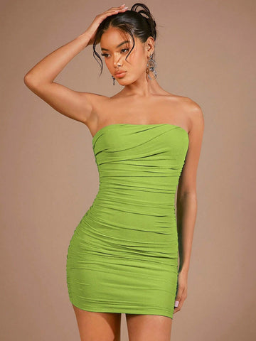 Women's Solid Color Strapless Pleated Bodycon Dress
