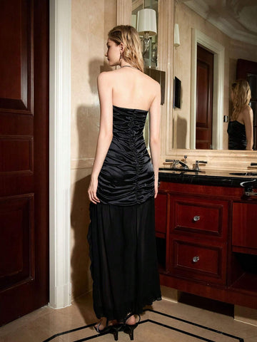 Women's Solid Color Strapless Pleated Maxi Dress