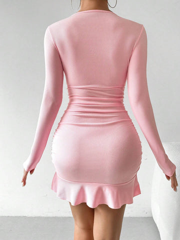 Women's Solid Color V-Neck Long Sleeve Ruched Waist Flounce Hem Dress, Autumn