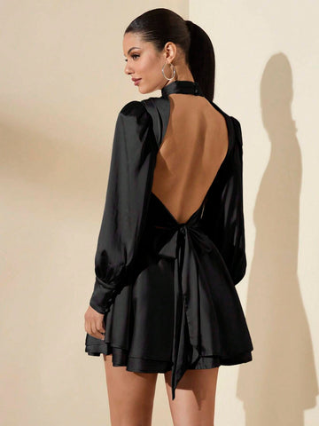 Women's Solid Satin Stand Collar Front Slit Ruched A-Line Satin Open Back Bow Tie Long Sleeve Mini Party Date Dress