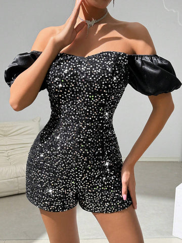 Women's Sparkly Puff Sleeve Fashion Party Jumpsuit