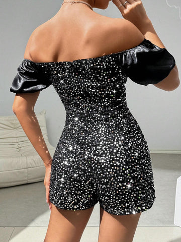 Women's Sparkly Puff Sleeve Fashion Party Jumpsuit